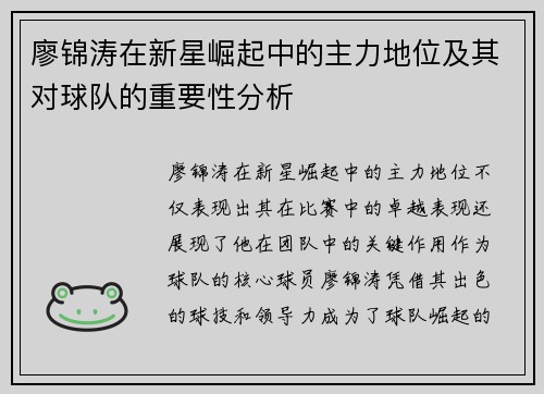 廖锦涛在新星崛起中的主力地位及其对球队的重要性分析